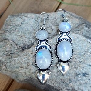 New Rainbow Moonstone 925 Silver Statement Earrings.